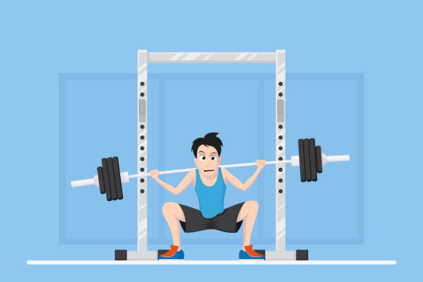 Bodybuilder newbie character Picture of a man doing squats with barbell on neck back. Caricature bodybuilder newbie character design, flat style illustration. weak cartoon stock illustrations