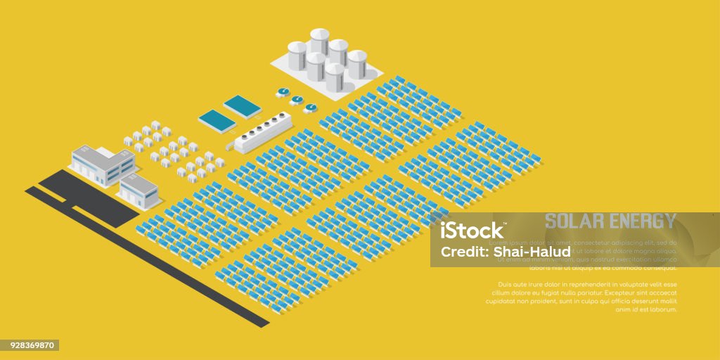 Isometric solar power plant Isometric solar power plant. Solar panels with control buildings. 3D concept of renewable energy. Isometric Projection stock vector