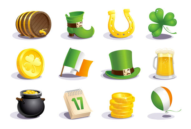 illustrations, cliparts, dessins animés et icônes de la valeur de symboles et icônes de la saint-patrick - st patricks day pot of gold clover irish culture