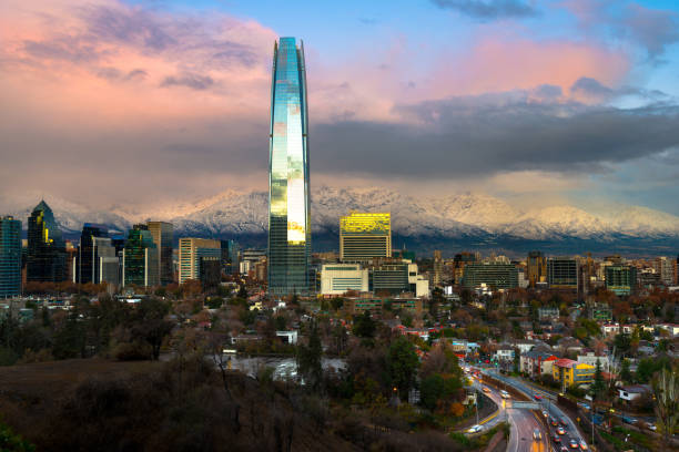 skyline of Santiago de Chile with Los Andes Mountains in the back skyline of Santiago de Chile with Los Andes Mountains in the back, Las Condes, Santiago de Chile sanhattan stock pictures, royalty-free photos & images