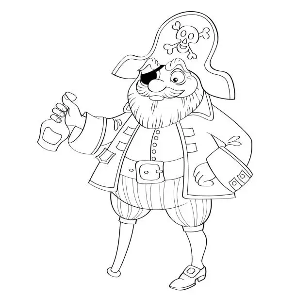 Vector illustration of Pirate with bottle of rum. Black and white vector illustration for coloring book