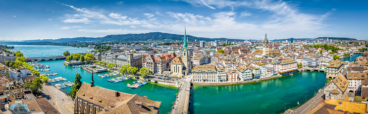 Aerial panoramic view of Zurich city center with famous Fraumunster Church and river Limmat at Lake Zurich from Grossmunster Church, Canton of Zurich, Switzerland