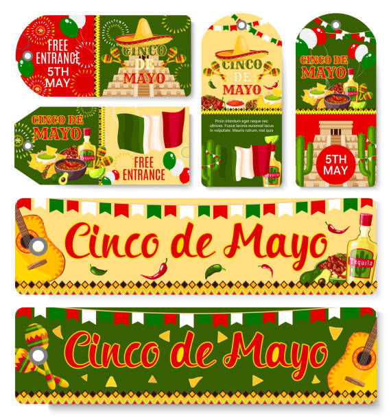 illustrazioni stock, clip art, cartoni animati e icone di tendenza di cinco de mayo tag vettoriali per le vacanze messicane - mayo