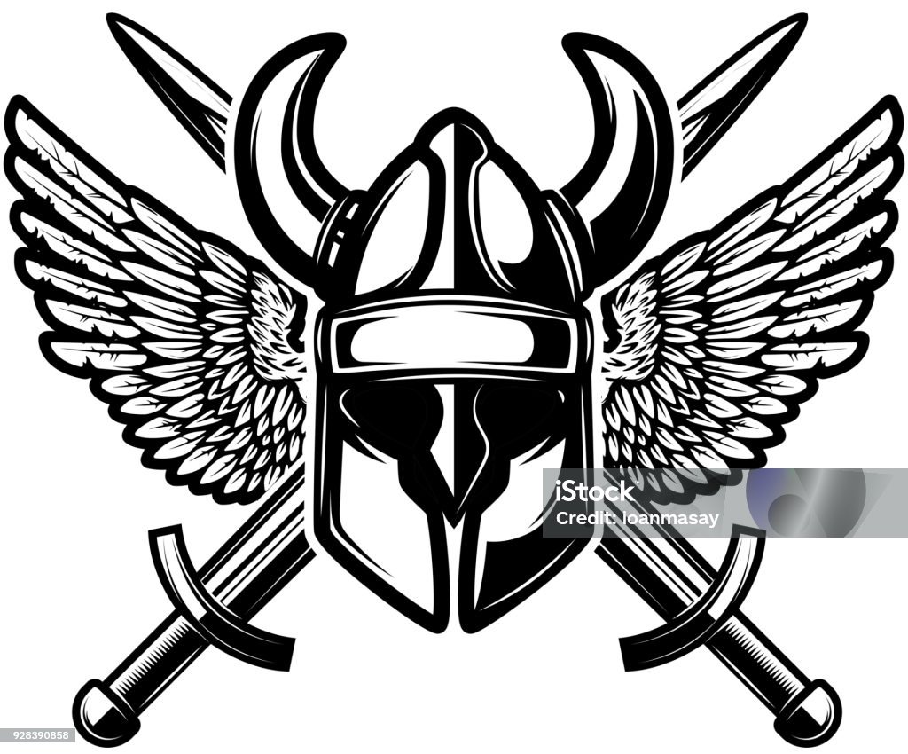 Helmet with crossed swords and wings isolated on white background. Helmet with crossed swords and wings isolated on white background. Vector illustration. Airplane stock vector