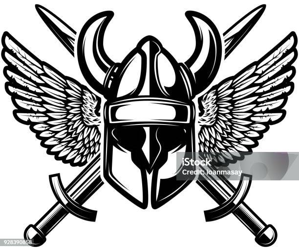 Helmet With Crossed Swords And Wings Isolated On White Background Stock Illustration - Download Image Now