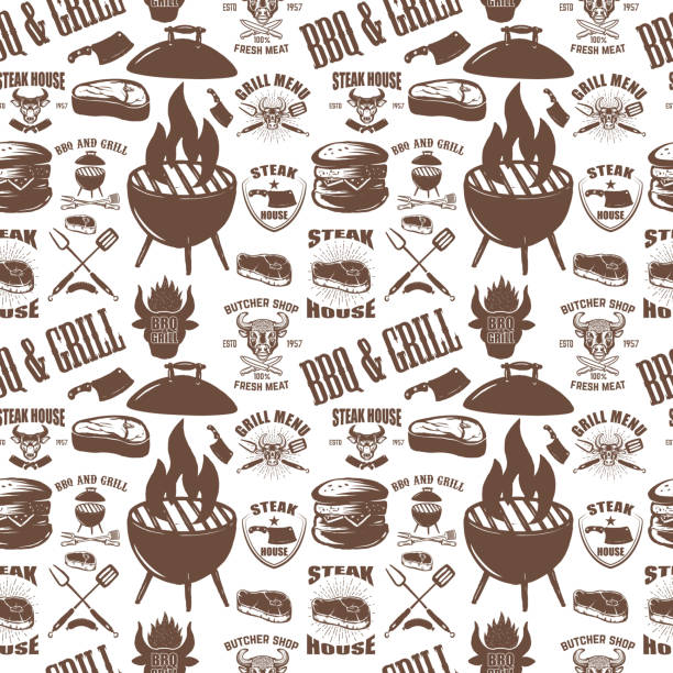 Seamless pattern with steak house symbols. Grill, bbq, fresh meat. Design element for poster, menu, flyer, banner, menu, package. Seamless pattern with steak house symbols. Grill, bbq, fresh meat. Design element for poster, menu, flyer, banner, menu, package. Vector illustration barbecue meal stock illustrations