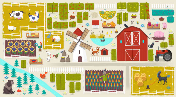 Poster with farm elements Illustration with farm elements and different kinds of food and animals from farm ursus tractor stock illustrations