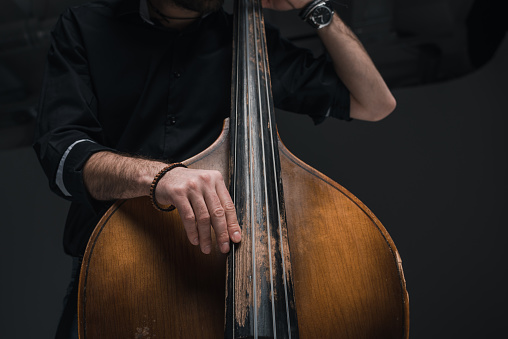 cropped shot of man playing contrabass on black