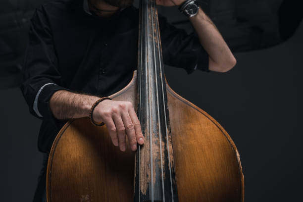 tiro recortado de homem tocando contrabaixo no preto - instrumento baixo - fotografias e filmes do acervo