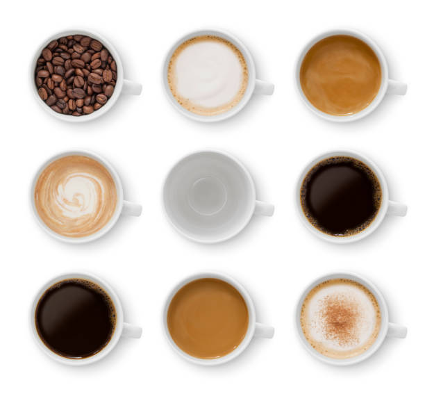 Coffee Cups Collection Collection of nine cups with different coffee types isolated on white (excluding the shadow) black coffee from above stock pictures, royalty-free photos & images