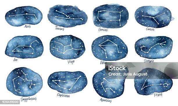 Set Of All 12 Zodiac Signs As Constellations In The Dark Starry Sky Stock Illustration - Download Image Now