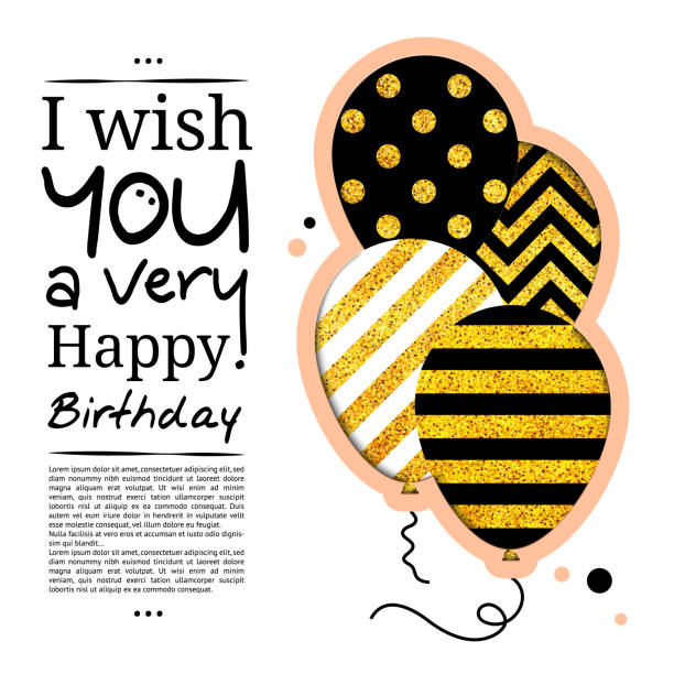 Birthday card in the style of cutouts with balloons on golden glitter background. Vector. vector art illustration
