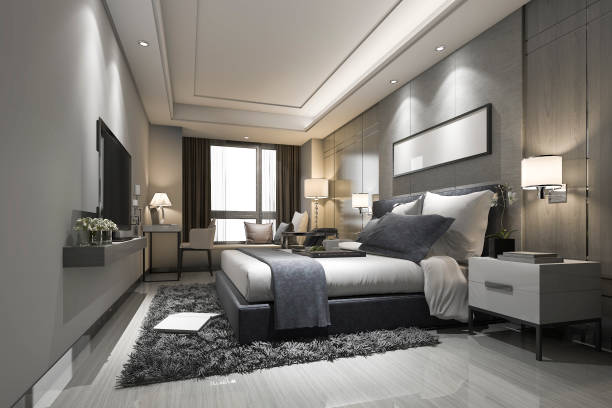 3d rendering modern luxury bedroom suite and bathroom - hotel suite imagens e fotografias de stock