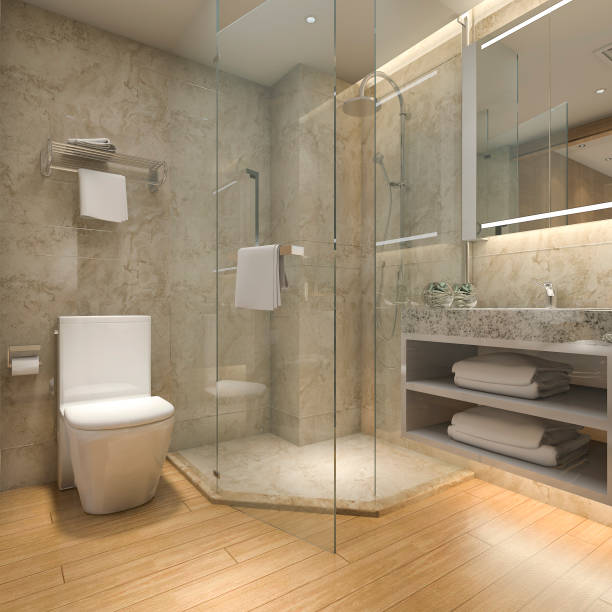 3d rendering modern luxury wood  bathroom in suite hotel stock photo