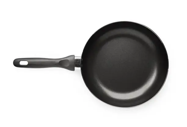 Photo of New empty frying pan isolated on white background on top view with clipping path object cooking design