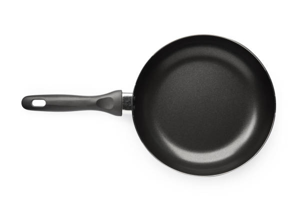 new empty frying pan isolated on white background on top view with clipping path object cooking design - pan frying pan fried saucepan imagens e fotografias de stock