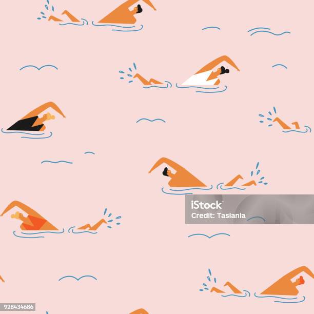 People Swimming In The Ocean Seamless Pattern Stock Illustration - Download Image Now - Swimming, Illustration, Sea