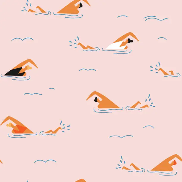 Vector illustration of People swimming in the ocean seamless pattern.