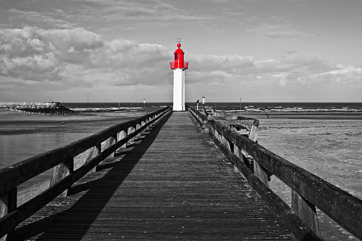 Trouville lighthouse, red selective color, Normandy, France