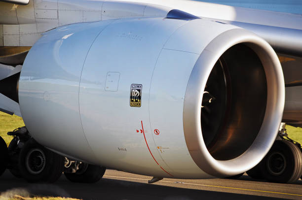 Rolls Royce Trent XWB turbofan jet engine closeup. Manchester Airport, United Kingdom - January 8, 2018: Rolls Royce Trent XWB turbofan jet engine taxiing the aircraft to the runway. rolls royce stock pictures, royalty-free photos & images