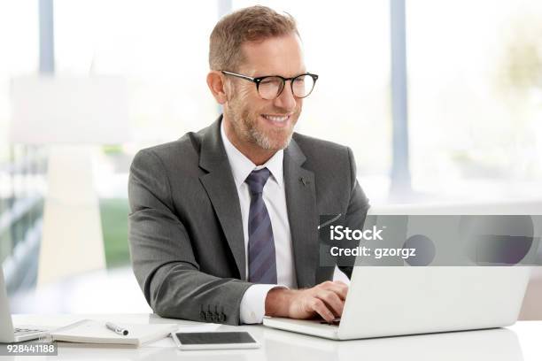 Businessman Working On Laptops At The Office Stock Photo - Download Image Now - Men, Laptop, Suit