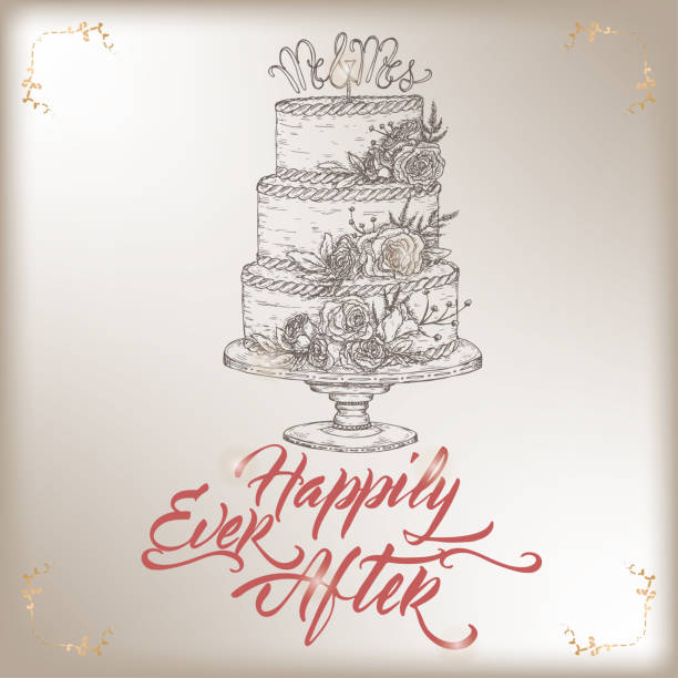 romantyczny rocznik ślub szablon kartki z życzeniami z kaligrafii i szkic ciasto. - tort weselny stock illustrations