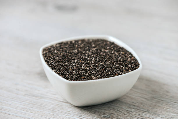 Chia seeds in a white ceramic bowl.