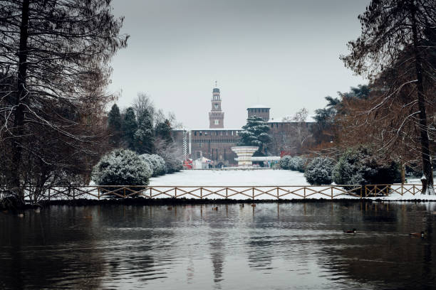 Castello Sforzesco, in Milan, northern Italy, built the 15th century by Francesco Sforza. Captured from Parco Sempione. stock photo