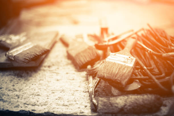 Set of various tools on concrete background. Construction and renovation concept with copy space