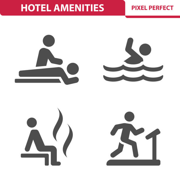 Hotel Amenities Icons Professional, pixel perfect icons depicting various hotel services concepts. treadmill stock illustrations
