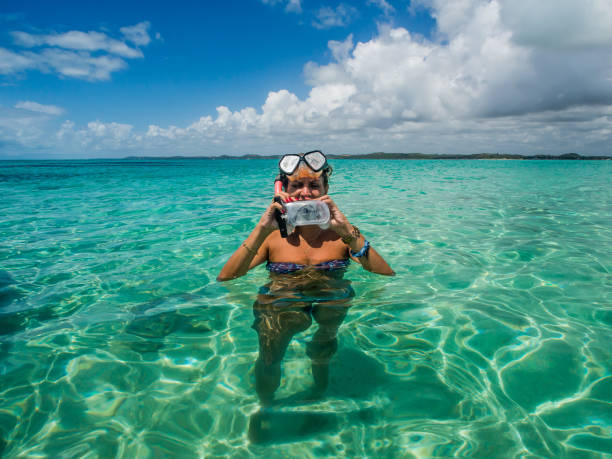 attractive woman snorkeling in crystal clear water on sunny day attractive woman snorkeling in crystal clear water on sunny day, Maragogi, Alagoas, Brazil hot vietnamese women pictures stock pictures, royalty-free photos & images