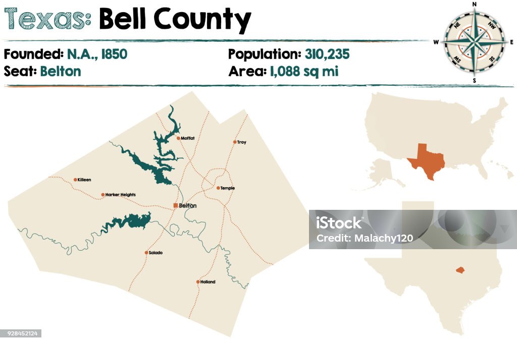 Bell County Map Of Bell County In Texas Stock Illustration - Download Image Now ...