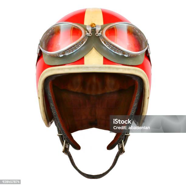 Retro Helmet With Goggles On A White Background Protective Headwear For Motorcycle And Automobile Race Stock Photo - Download Image Now