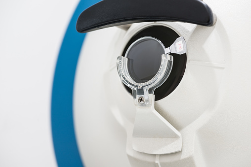 close up of ophthalmologic scanner. modern medical equipment in eye hospital. medicine concept