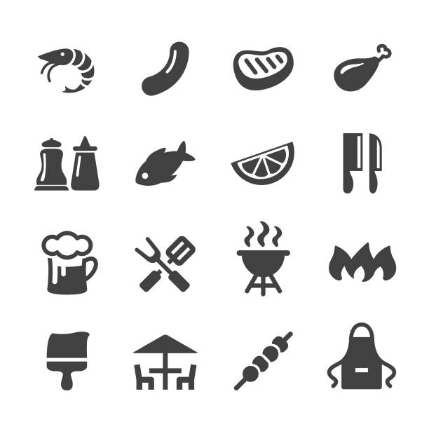 ilustraciones, imágenes clip art, dibujos animados e iconos de stock de iconos de la barbacoa - serie acme - prepared fish illustrations