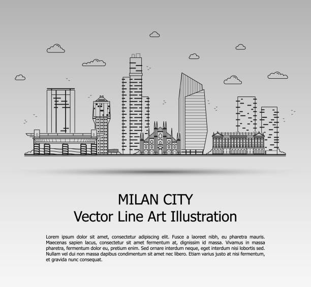 modern milan şehir gökdelenler ile hat sanat vektör çizim. düz çizgi grafik. tipografik tarzı afiş. en ünlü bina cityscape gri arka plan üzerinde. - milan stock illustrations