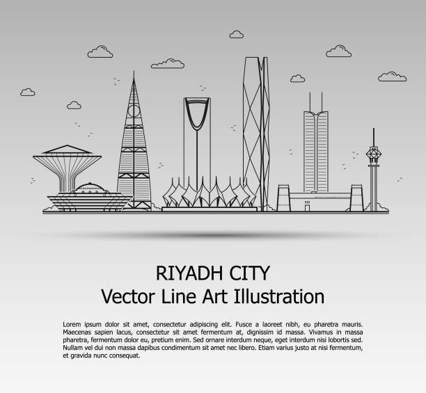 линия искусства вектор иллюстрация современного города эр-рияд с небоскребами. плоская линия графика. знамя типографского стиля. самые изв - saudi arabia stock illustrations