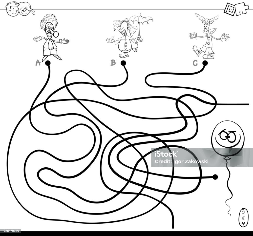 maze with clowns and balloon color book Black and White Cartoon Illustration of Paths or Maze Puzzle Activity Game with Clown Characters and Funny Balloon Coloring Book Balloon stock vector