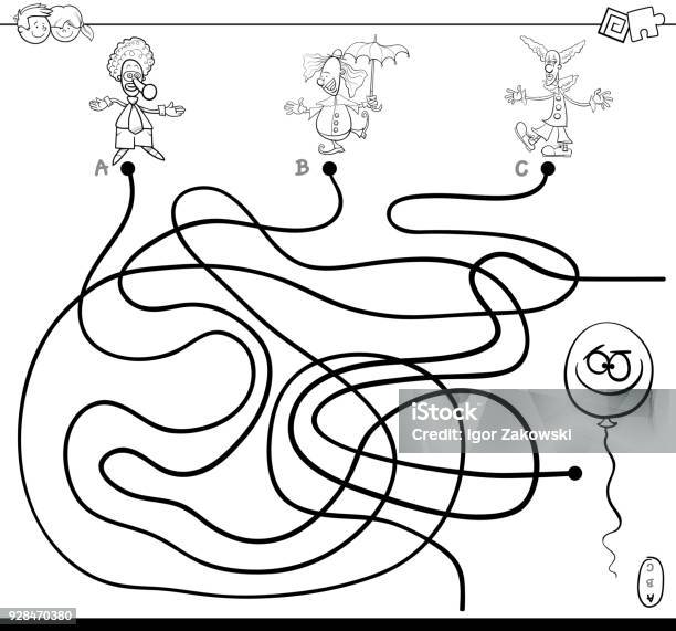Maze With Clowns And Balloon Color Book Stock Illustration - Download Image Now - Balloon, Black And White, Book