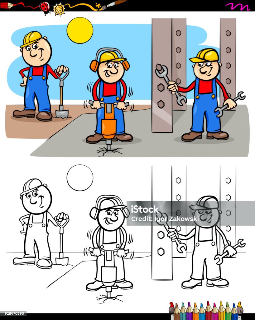 workers or builders characters coloring book Cartoon Illustration of Manual Workers or Builders Characters Group at Work Coloring Book Activity Building Contractor stock vector