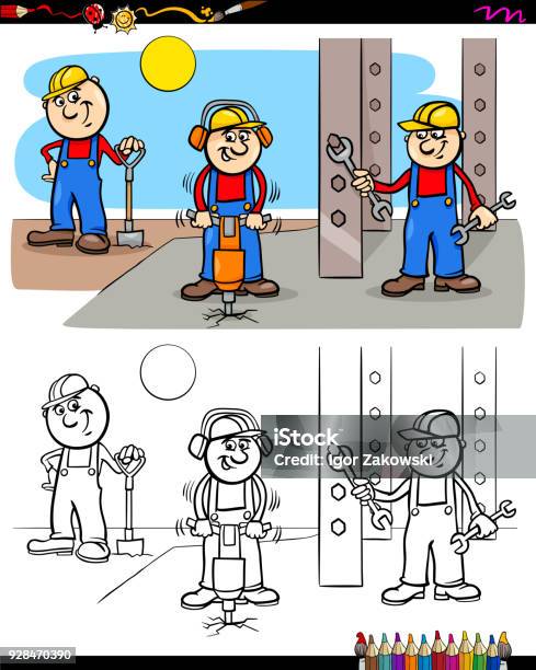 Workers Or Builders Characters Coloring Book Stock Illustration - Download Image Now - Building Contractor, Coloring Book Page - Illlustration Technique, Construction Worker