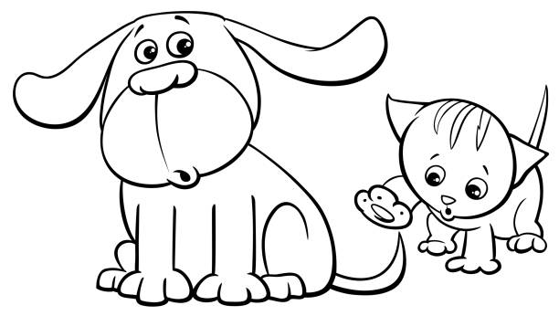 강아지와 고양이 문자 색상도 서 만화 - coloring dog pets puppy stock illustrations