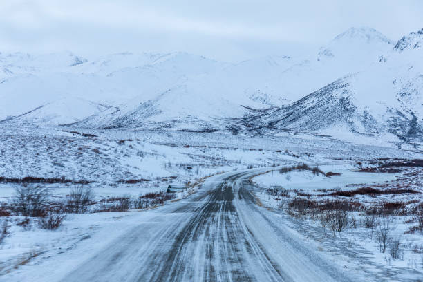 Dempster Highway with large mountain ranges on a cold winter's afternoon on the way to Inuvik. The area is known for it's harsh winters in the Thundra.