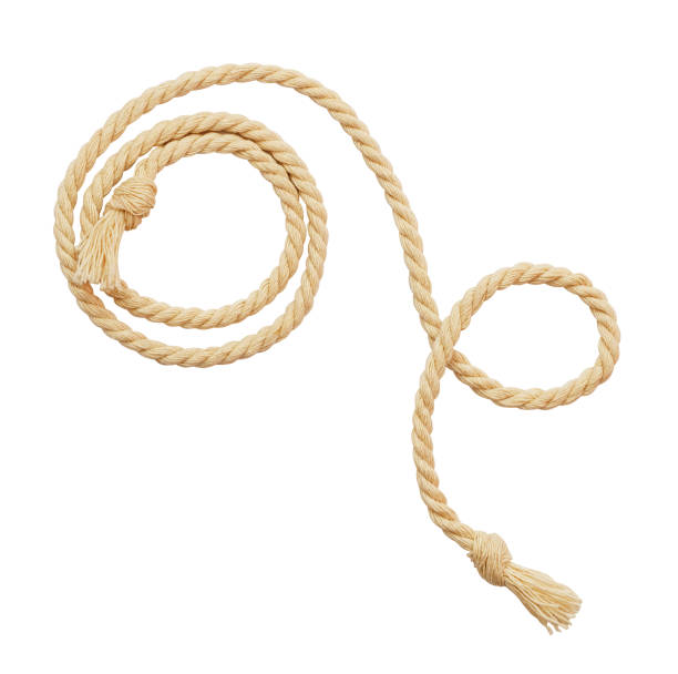 Closeup of natural rope with knots on white background, symbol of strength, security, nautical, construction, and abstract design, ideal for creative projects, background, and materials.