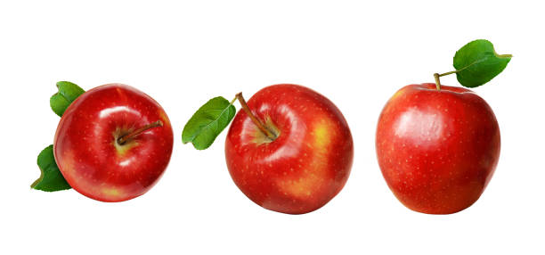 istock Set of red apples with green leaves 928474312
