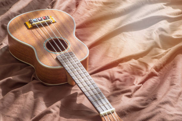 istock Close up ukulele on wooden background 928474534