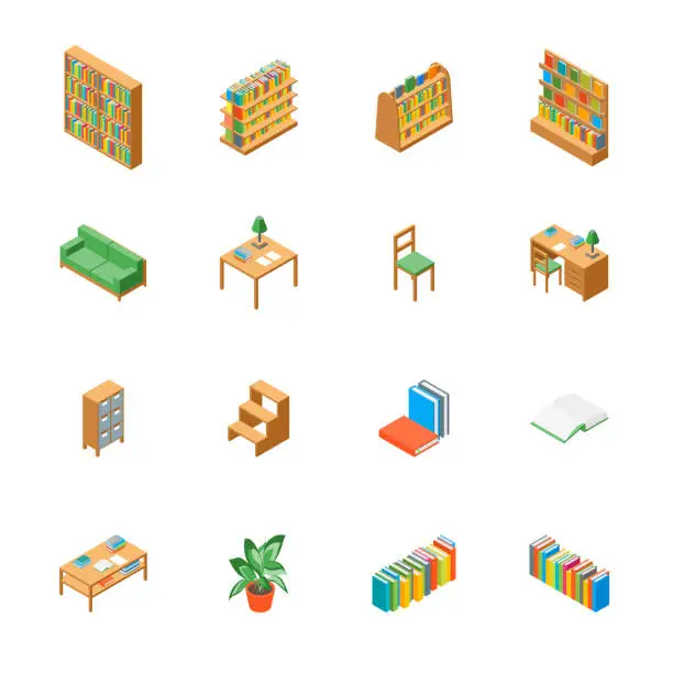 Vector illustration of Furniture for Library 3d Icons Set Isometric View. Vector