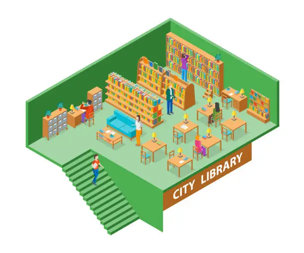 Vector illustration of City Library Interior with Furniture Isometric View. Vector