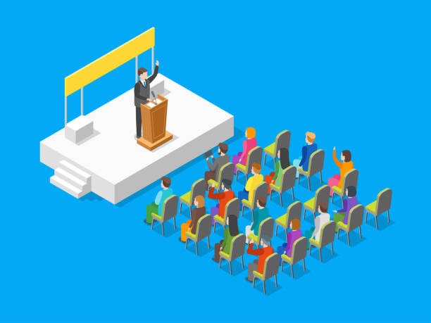 ilustrações, clipart, desenhos animados e ícones de conceito de negócio político 3d vista isométrica. vector - politician politics speech podium