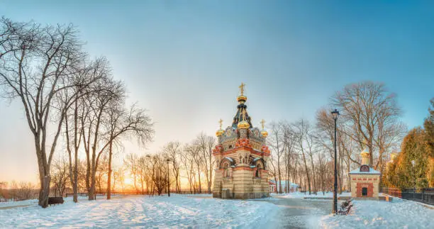 Gomel, Belarus. Chapel-tomb Of Paskevich (1870-1889 Years) In City Park At Sunny Winter Morning. Panorama With Sunrise Shining Sun
